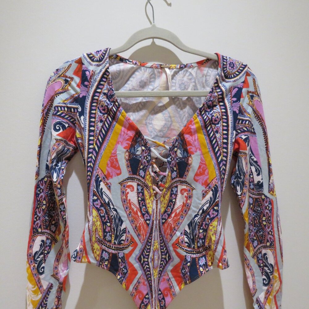 FREE PEOPLE Pick A Place Lace Up Paisley Bodysuit Stretch Boho Multicolor XS - Picture 4 of 15